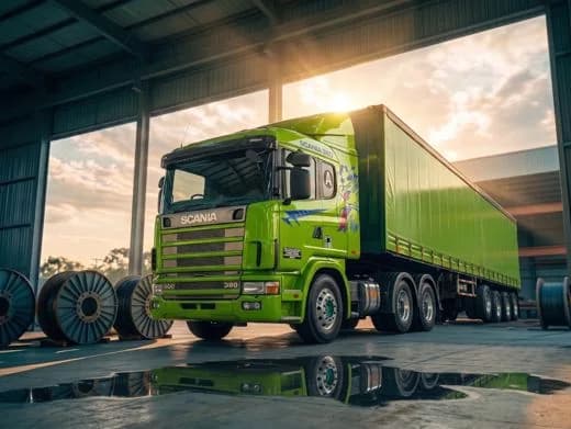 OKAYA's Scania 380 prime mover coupled to a tri-axle curtain-side trailer, under the yard canopy.