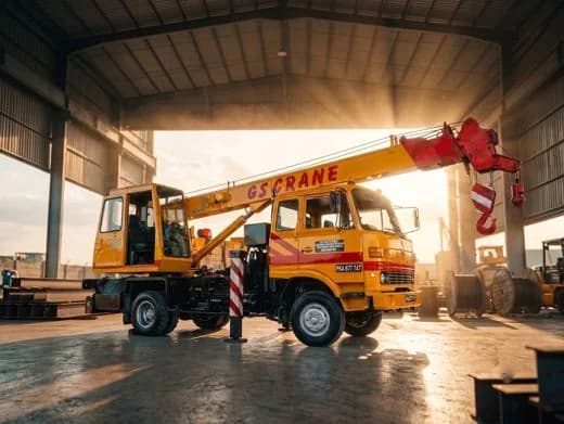 Nissan truck-mounted telescopic crane with the boom deployed, GS CRANE painted along the boom