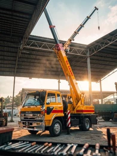 Isuzu truck-mounted telescopic crane with the boom raised, photographed against the shed roof