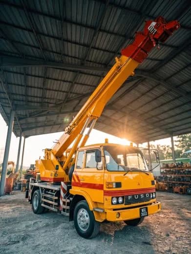 OKAYA's Fuso baby crane, plate WGE 3033, boom stowed over the deck under the yard canopy.