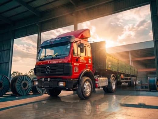 The Mercedes SK prime mover on the flatbed work, photographed in the yard at dusk.