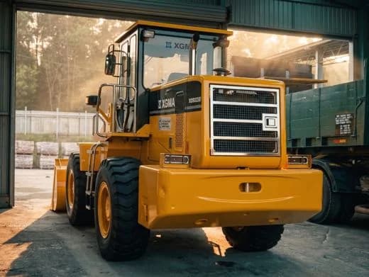 XGMA XG932 wheel loader with the bucket down, standing on the yard apron
