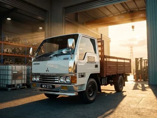 OKAYA's Mitsubishi Canter dropside, plate WCV 2771, sides up, parked under the yard canopy.